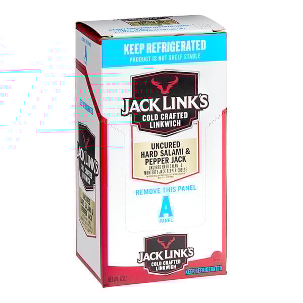 A white and red Jack Link's box with salami and pepper jack cheese combos inside.