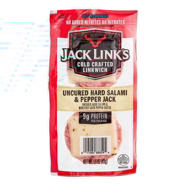 A package of Jack Link's salami and pepper jack cheese on a white background.