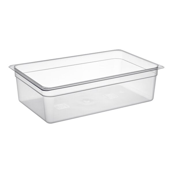 A Cambro translucent polypropylene food pan.