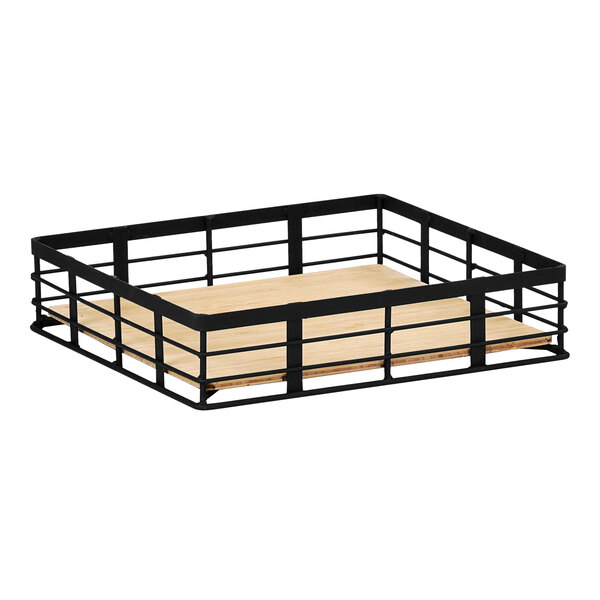 A black metal and reclaimed bamboo display riser.