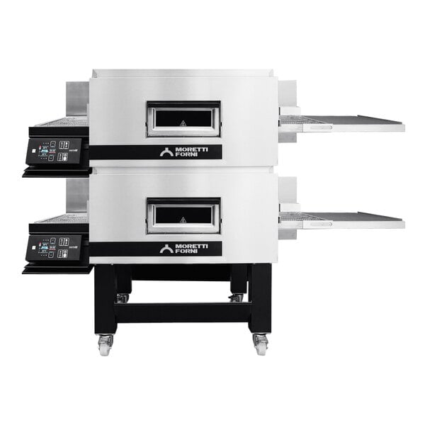 A Moretti Forni electric double stacked conveyor oven with two 32" wide belts.