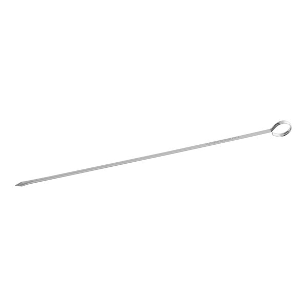 A long stainless steel Vollrath skewer with a ring on the end.