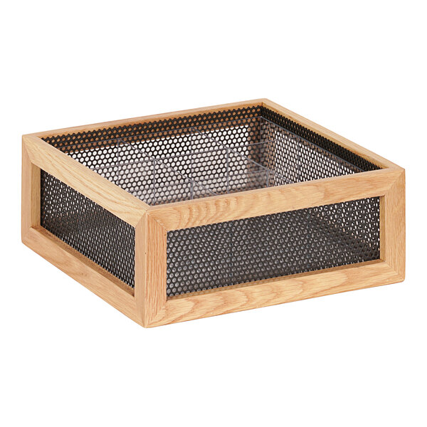 A wooden box with black wire mesh inside.