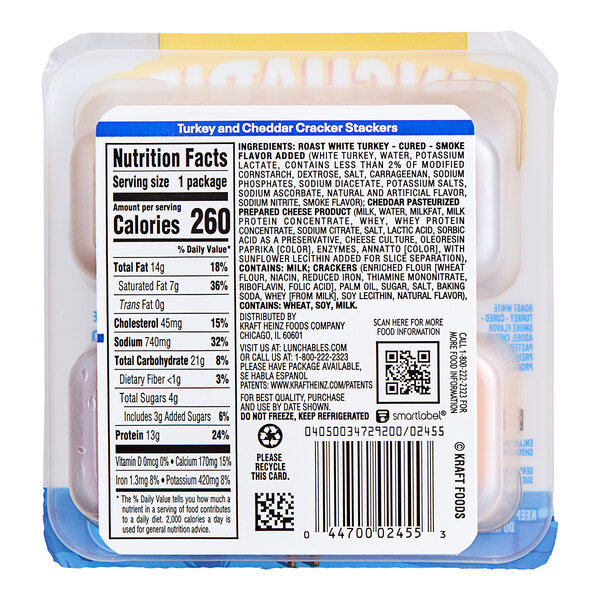 A package of Lunchables Turkey and Cheddar Cracker Stackers with the label.