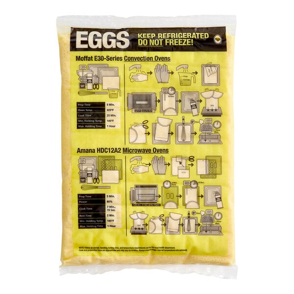 A yellow package of Grand Prairie Fully Cooked Scrambled Eggs with instructions on it.