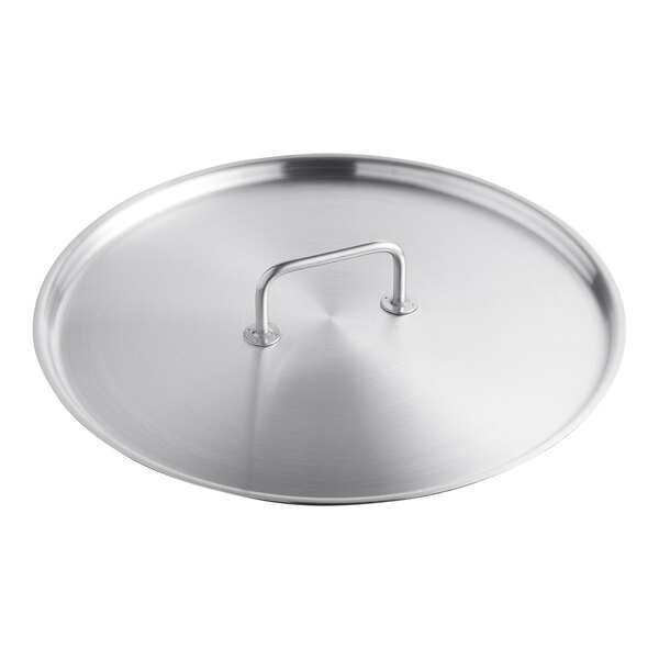 A close-up of a Vollrath stainless steel pot/pan lid with a handle.