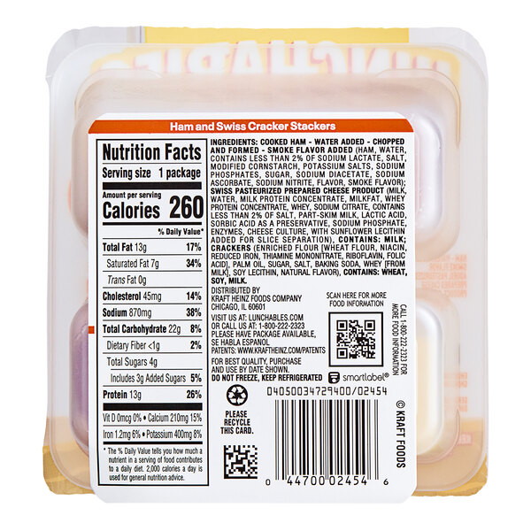 A package of Lunchables Ham and Swiss Cracker Stackers with a nutrition label.