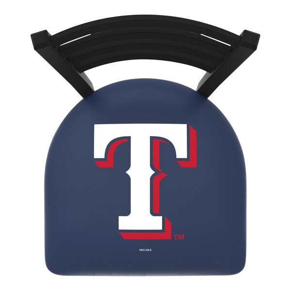 A blue Holland Bar Stool with a red and white Texas Rangers logo on the padded seat and a ladder back.