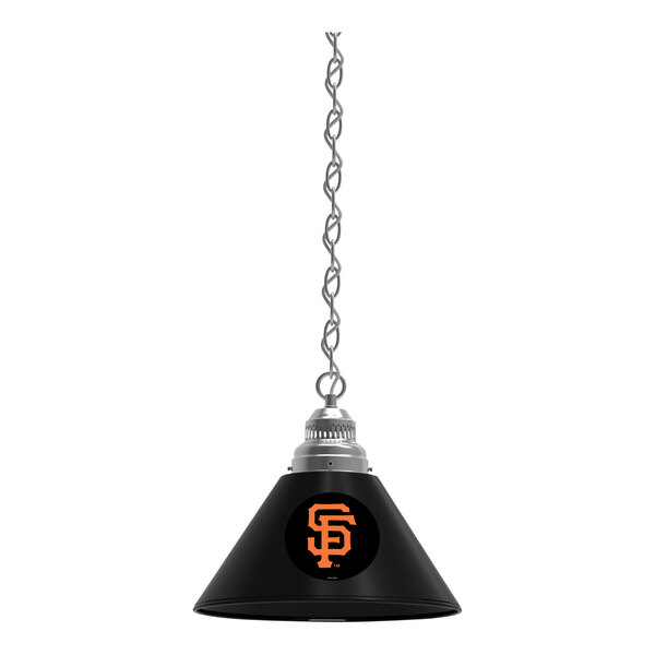 A black and silver Holland Bar Stool pendant light with the San Francisco Giants logo on it.