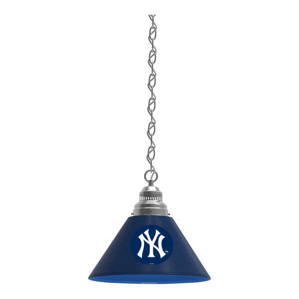 A blue and silver Holland Bar Stool pendant light with a New York Yankees logo on the shade.