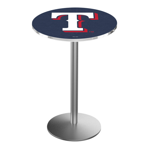 A round blue pub table with the Texas Rangers logo on it.