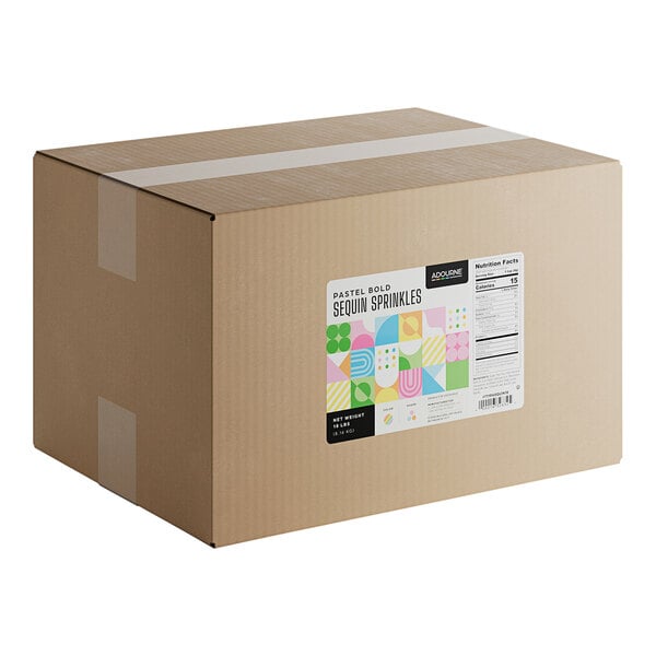 A large cardboard box labeled as containing Adourne Pastel Bold Sequin Sprinkles, weighing 18 pounds.