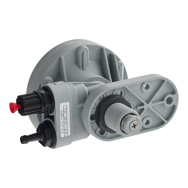 A grey MainStreet Equipment rinse aid pump with a red valve.