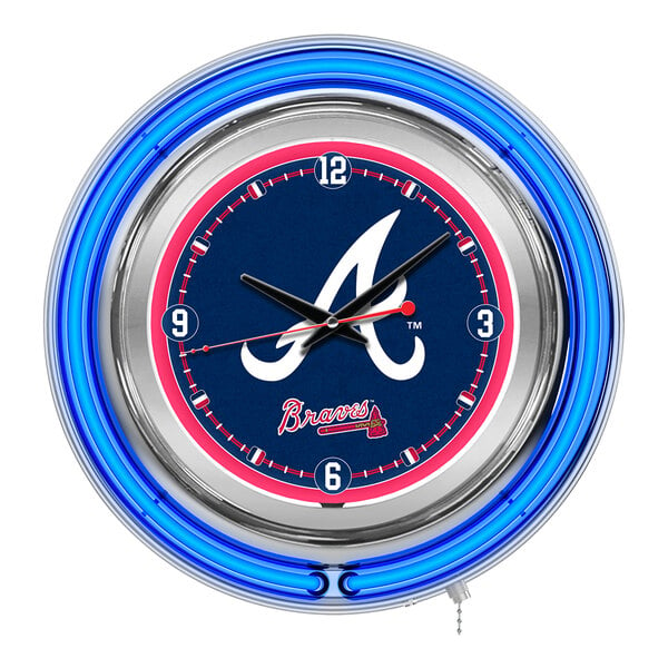 A white Holland Bar Stool clock with a neon blue and red Atlanta Braves logo.