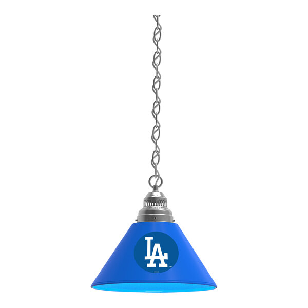 A blue lamp shade with a Los Angeles Dodgers logo on it and chrome accents.