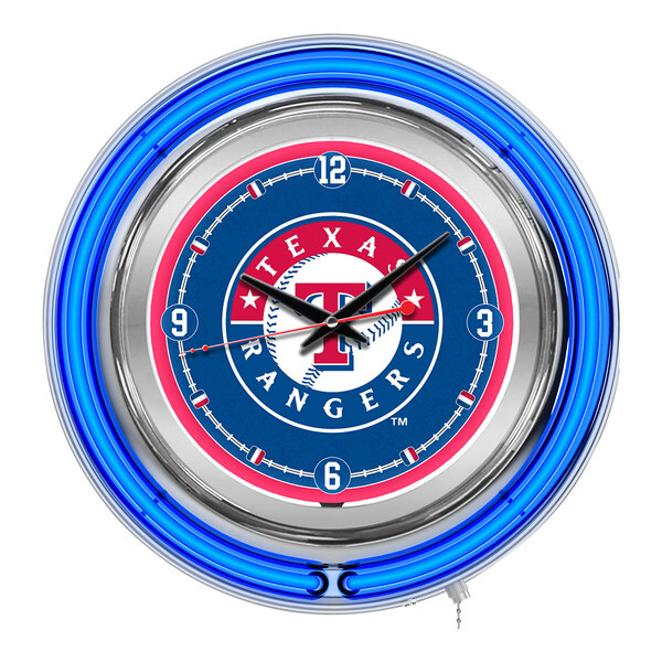 A white Holland Bar Stool clock with the Texas Rangers logo and numbers in neon.