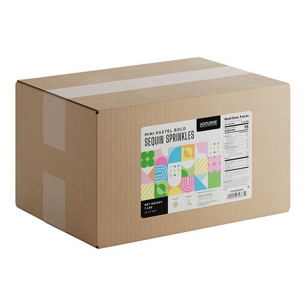 A large cardboard box labeled as containing Adourne Mini Pastel Confetti Sequin Sprinkles, weighing 7 pounds.