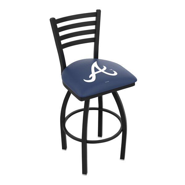 A black swivel bar stool with a blue seat and ladder back with a white Atlanta Braves logo.