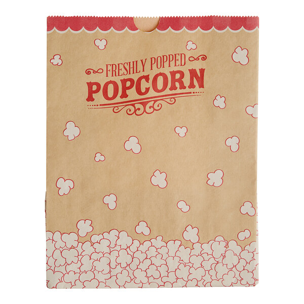 A brown Kraft paper bag with red and white text and popcorn.