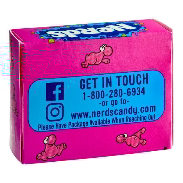 A pink box with blue and white text of Nerds candy.