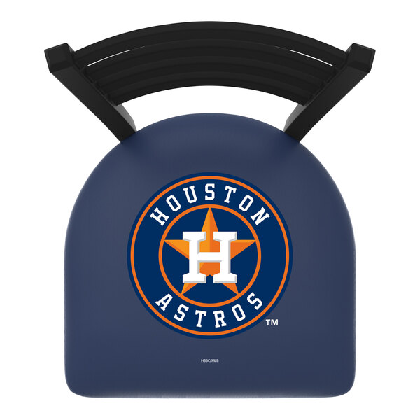 A blue Holland Bar Stool chair with a Houston Astros logo on the padded seat and ladder back.