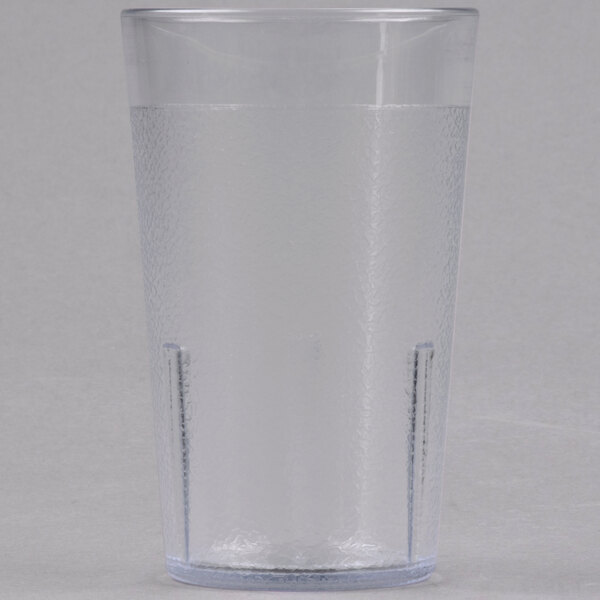 A close-up of a clear glass container.