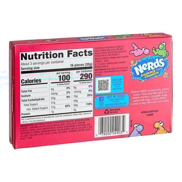 A pink Nerds Gummy Clusters box with white and blue text.
