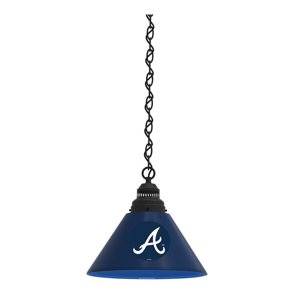 A blue pendant light with a white Atlanta Braves logo.