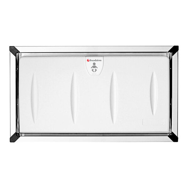 A white rectangular baby changing station with black trim and a logo on it.