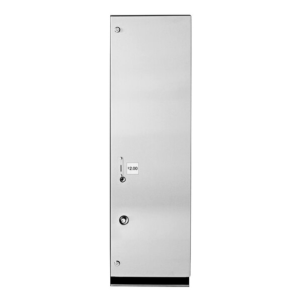 A white rectangular door on a stainless steel cabinet with a white label.