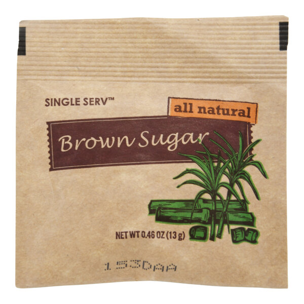 A brown sugar packet with a label featuring text and pictures.