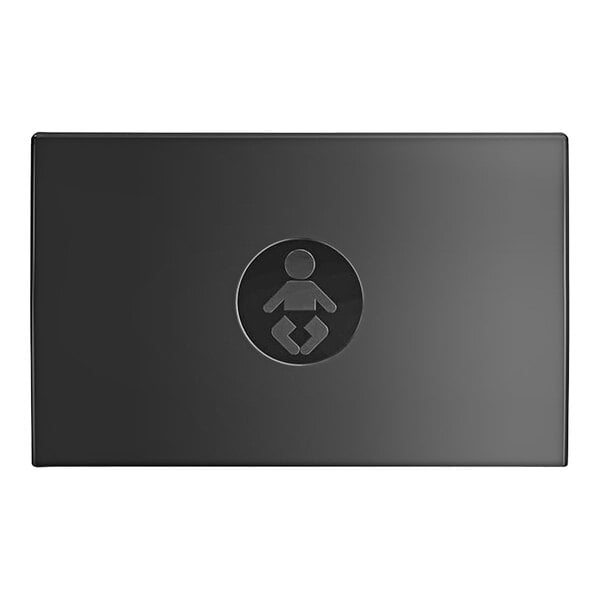 A black wall-mounted horizontal baby changing station with a black and white logo on it.