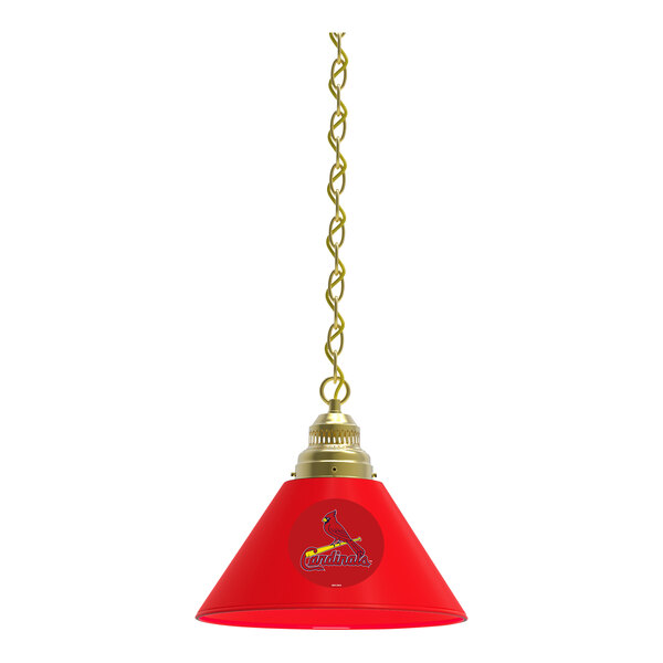 A Holland Bar Stool St. Louis Cardinals 1 light pendant with a red lamp shade and logo hanging from a chain.