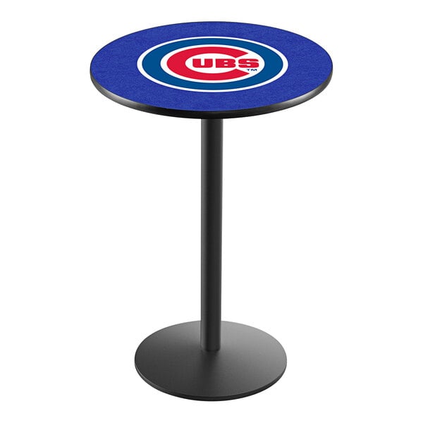 A Holland Bar Stool Chicago Cubs pub table with a logo on the blue surface.