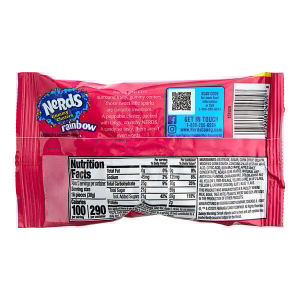 A pink bag of Nerds Gummy Clusters with white and black text.