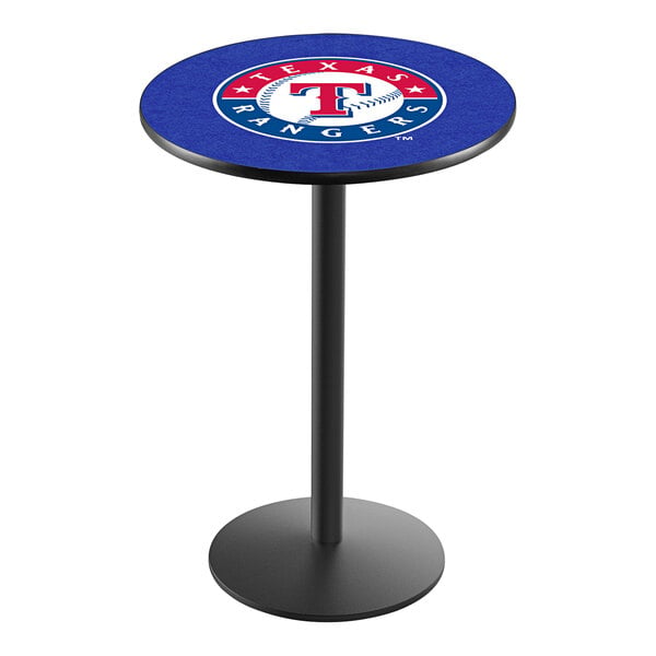 A round blue pub table with a Texas Rangers logo on the surface.