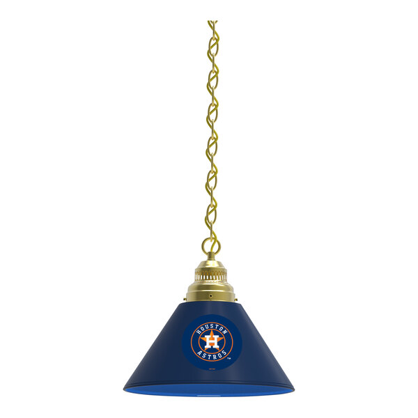 A blue and gold lamp shade with the Houston Astros logo on it.