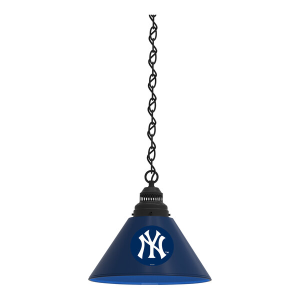 A black pendant light with a blue circle and white letters that says "New York Yankees" on it.