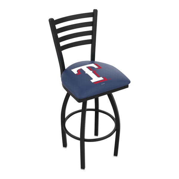 A Holland Bar Stool Texas Rangers swivel bar stool with a blue padded seat and white logo on the back.