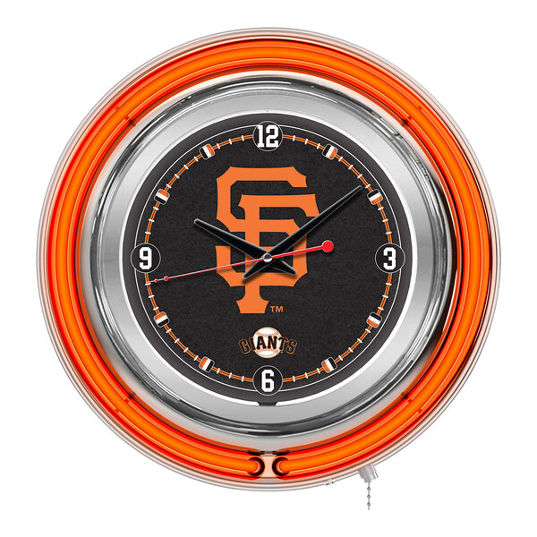 A Holland Bar Stool San Francisco Giants neon clock on a counter.