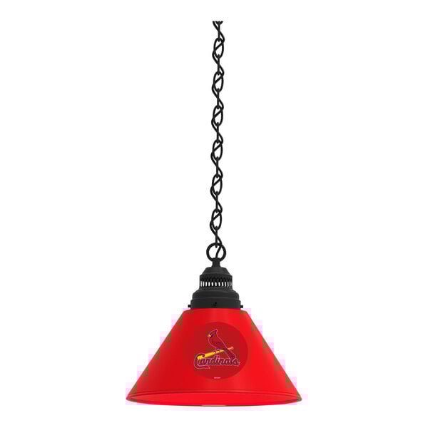 A black pendant light with the St. Louis Cardinals logo on a red lamp shade.