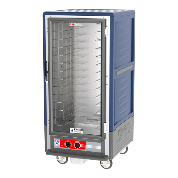 A blue Metro C5 heated holding cabinet with a clear door.
