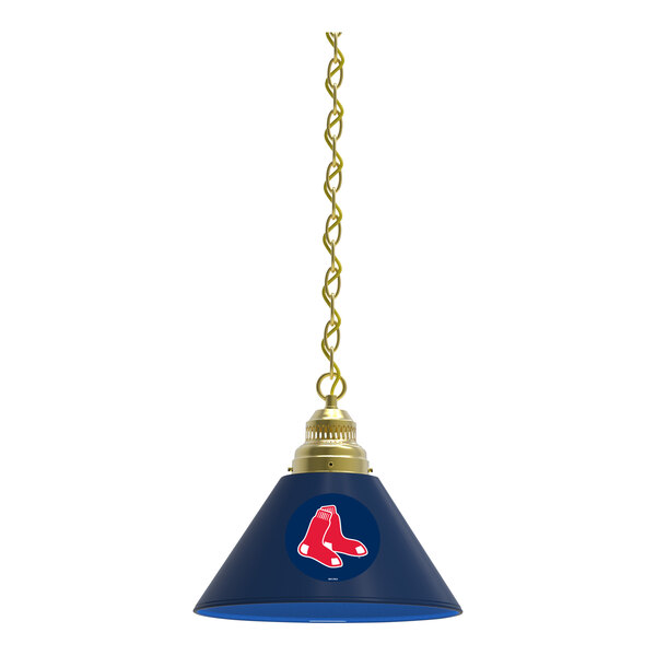 A brass pendant light with a blue shade featuring the Boston Red Sox logo.