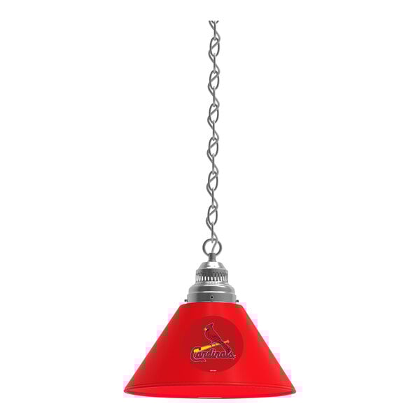 A red lamp shade with the St. Louis Cardinals logo and silver accents hanging from a chain.
