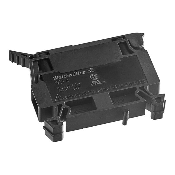 A black plastic MainStreet Equipment fuse holder terminal with text and small holes.