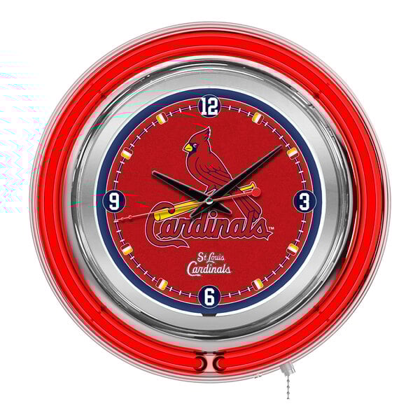A white Holland Bar Stool clock with a red and blue St. Louis Cardinals logo in neon.