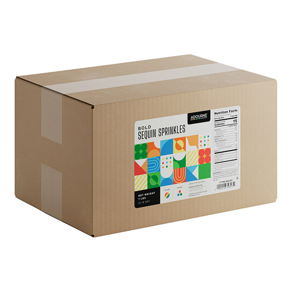 A large cardboard box labeled 'Bold Sequin Sprinkles' by Adourne, containing 7 pounds of confetti sequin sprinkles.