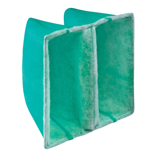 A close-up of a green and blue rectangular air filter with two pockets.