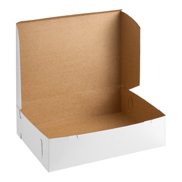 An open, empty rectangular cardboard box with a white exterior and brown interior.