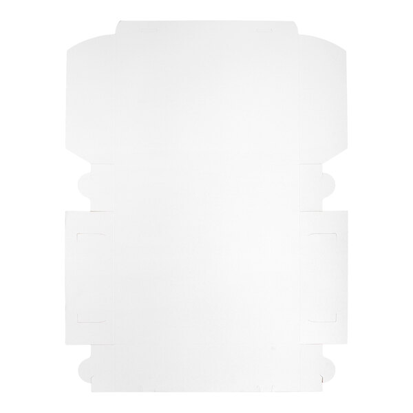 A flat, unfolded white cardboard sheet with pre-cut flaps and fold lines, designed to be assembled into a box.